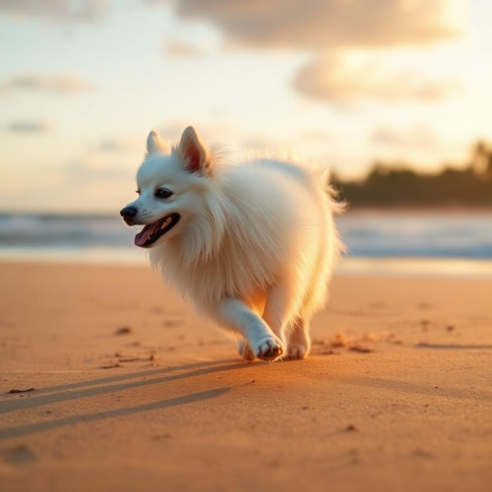 White Japanese Spitz trotting on Bofa Beach at sunset