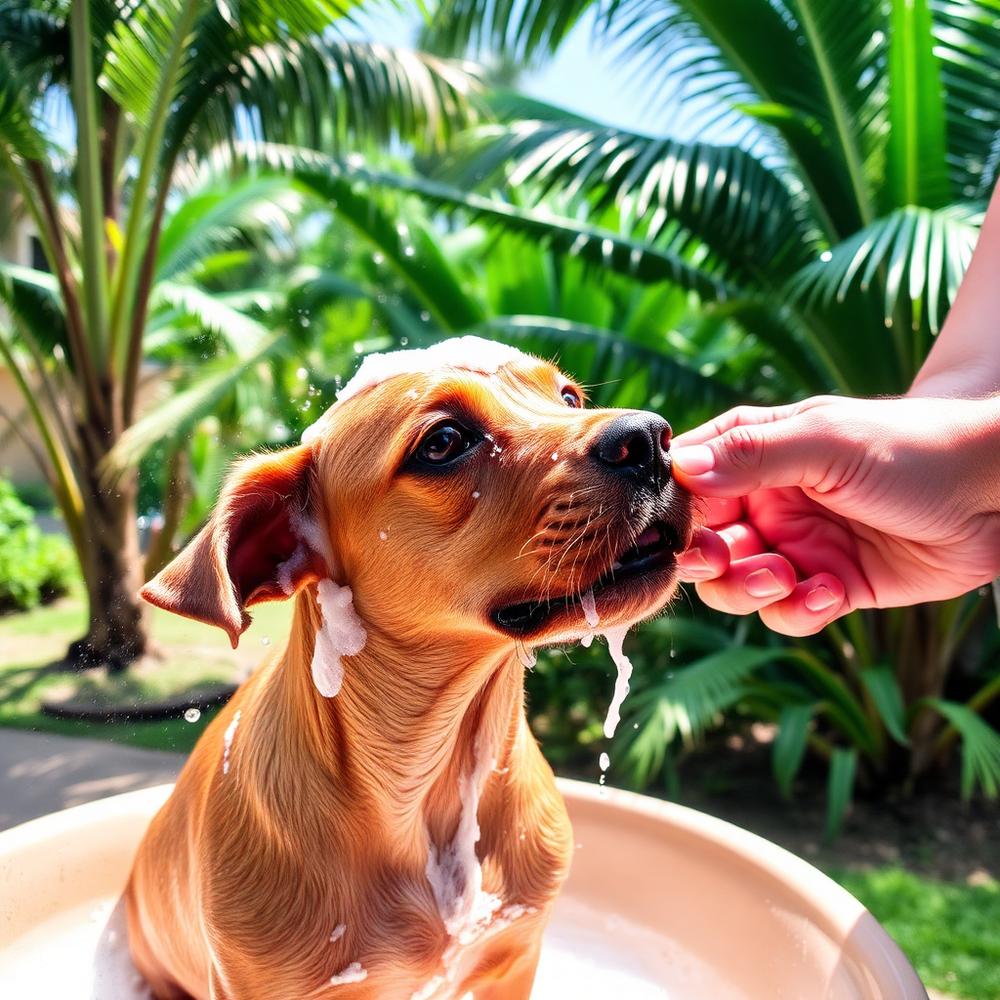 A brown dog getting a gentle bath and brush