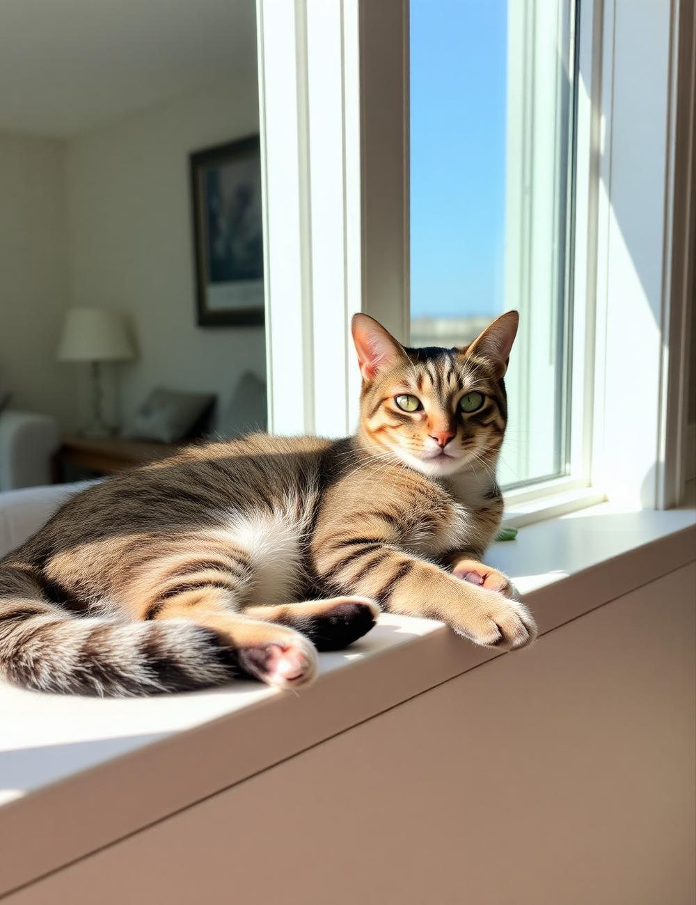 A relaxed tabby cat lounging on a sunny windowsill
