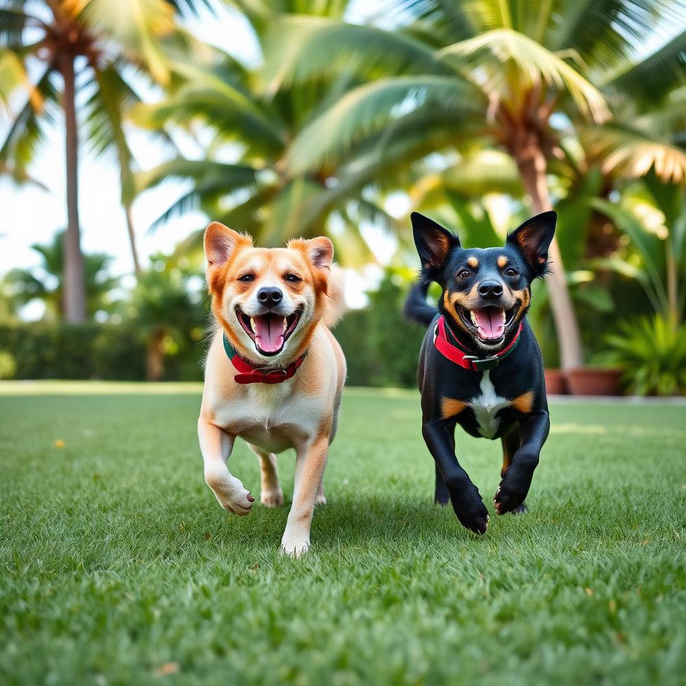 Two happy dogs running together on green grass