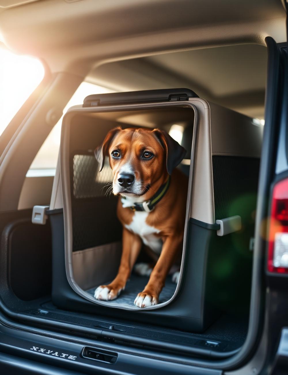 A calm dog resting safely in a secure travel carrier in a car