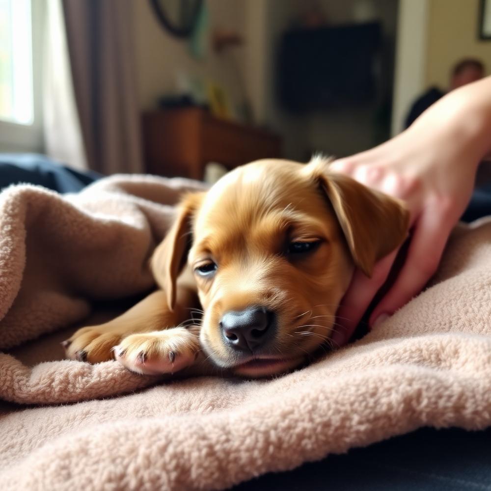 A sleepy brown puppy resting on a cozy blanket at home